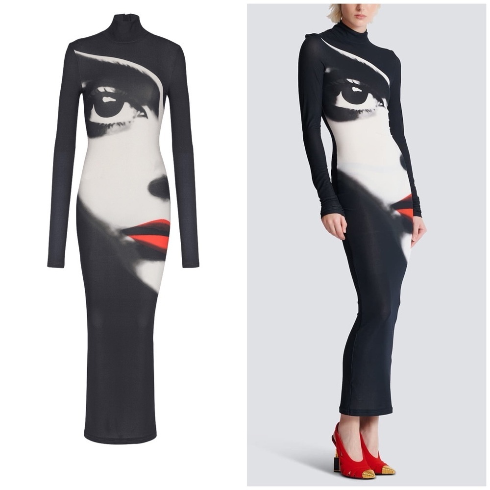Balmain Bodycon Long Dress with Face Print Stretch Hourglass Black Sz 34 - Picture 2 of 14